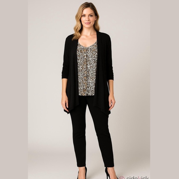 Larry Levine Layered Look Black Leopard Print Cardigan Tunic Top Large - Picture 1 of 10